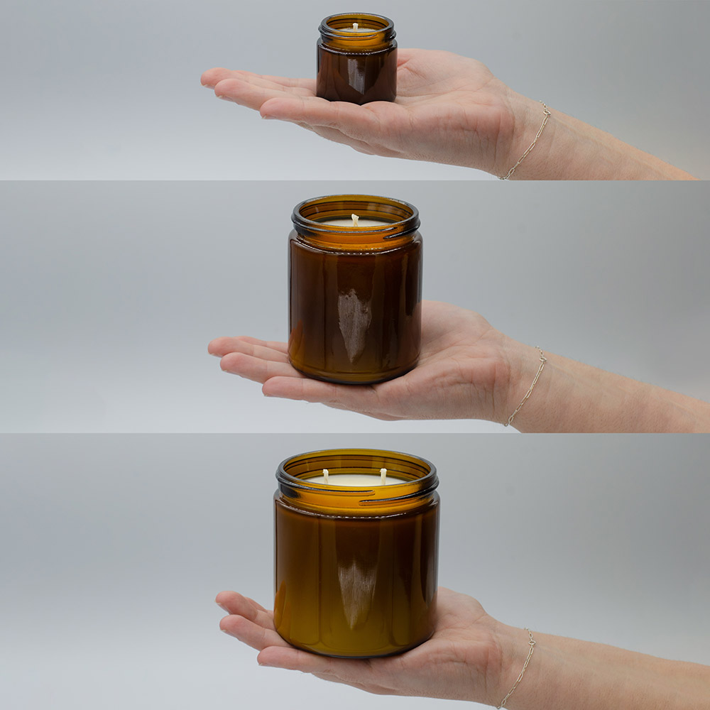 1oz, 9oz, and 16oz candle size comparison.