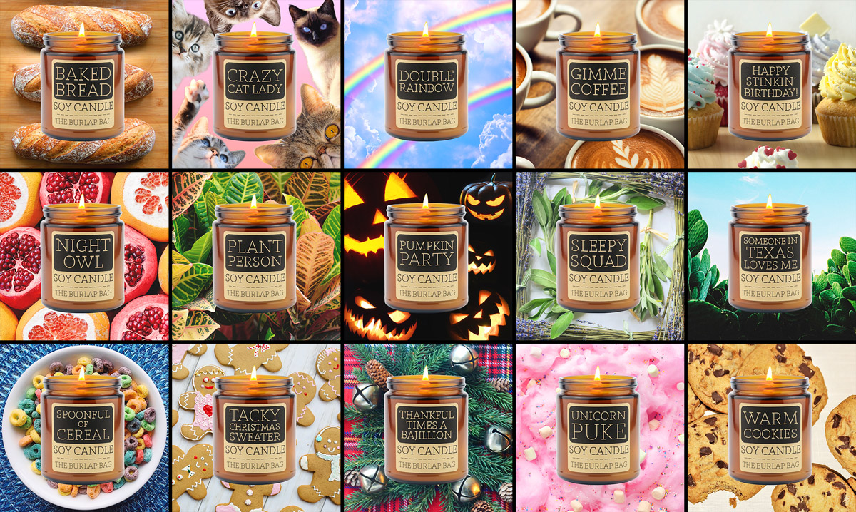 A variety of soy candle promo images.